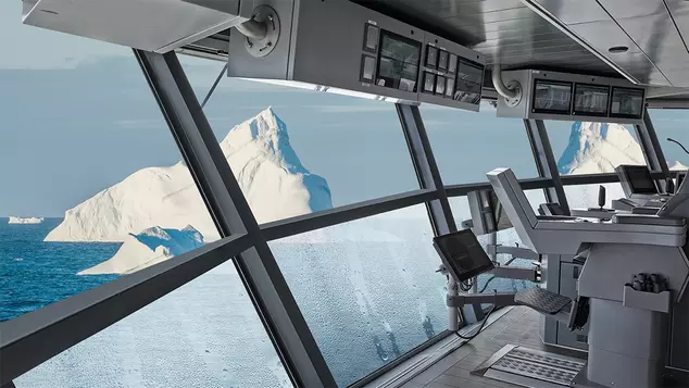 Thermovit Ship's bridge interior with large, angled glass windows offering a clear view of an iceberg and the ocean.