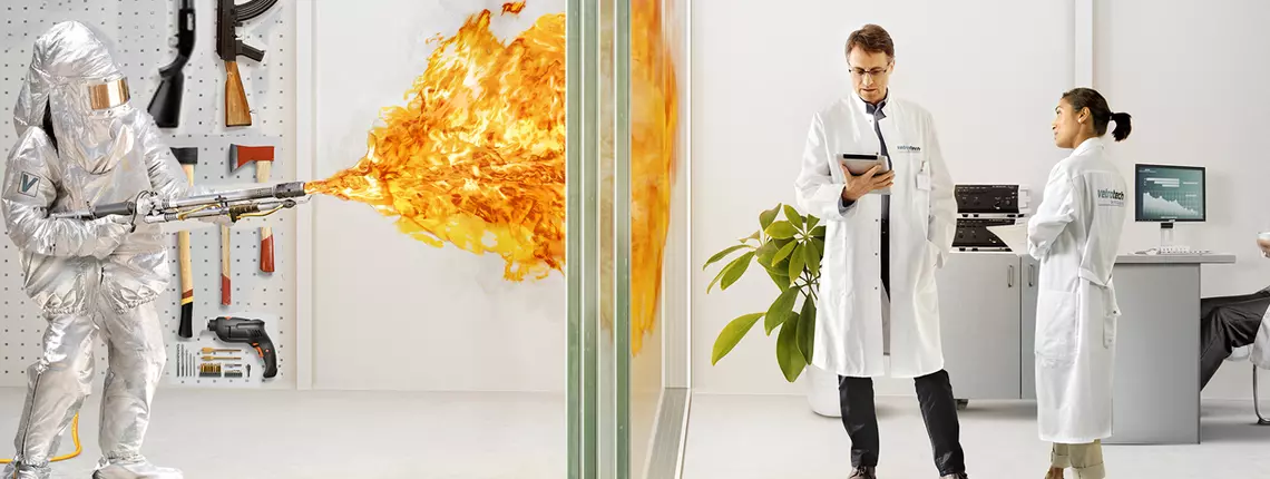 Key visual Vetrotech small hero Vetrotech's commitment to testing and quality through a fire resistance test on glass