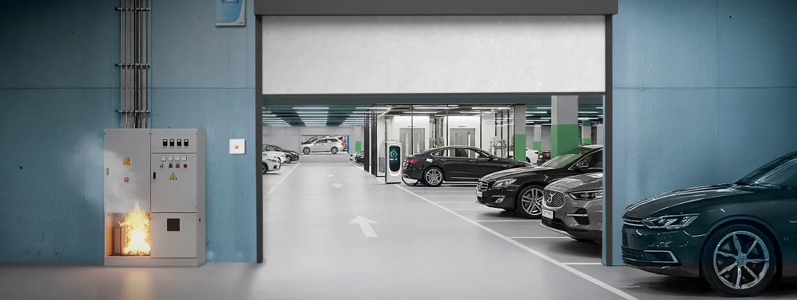 Automatic fire curtain for fire compartmentation in basement car parks