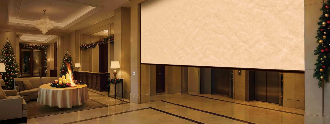 Automatic fire curtain for fire compartmentation in hotel lobies