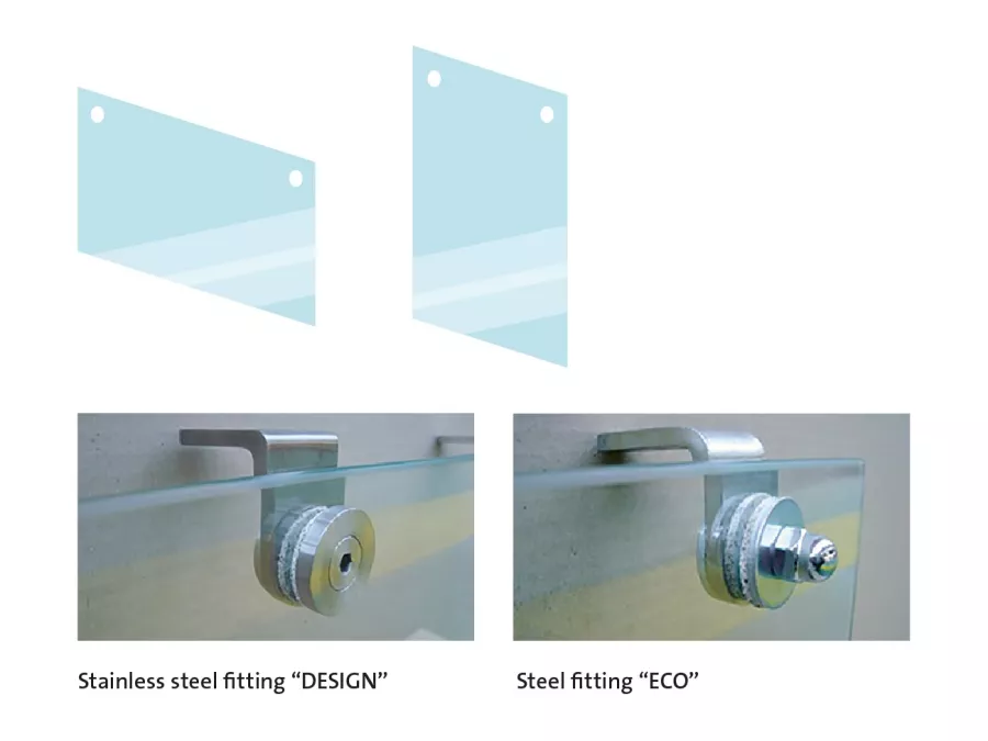Diagram showing smoke barriers with 'Stainless steel fitting "DESIGN"' and 'Steel fitting "ECO"' options.