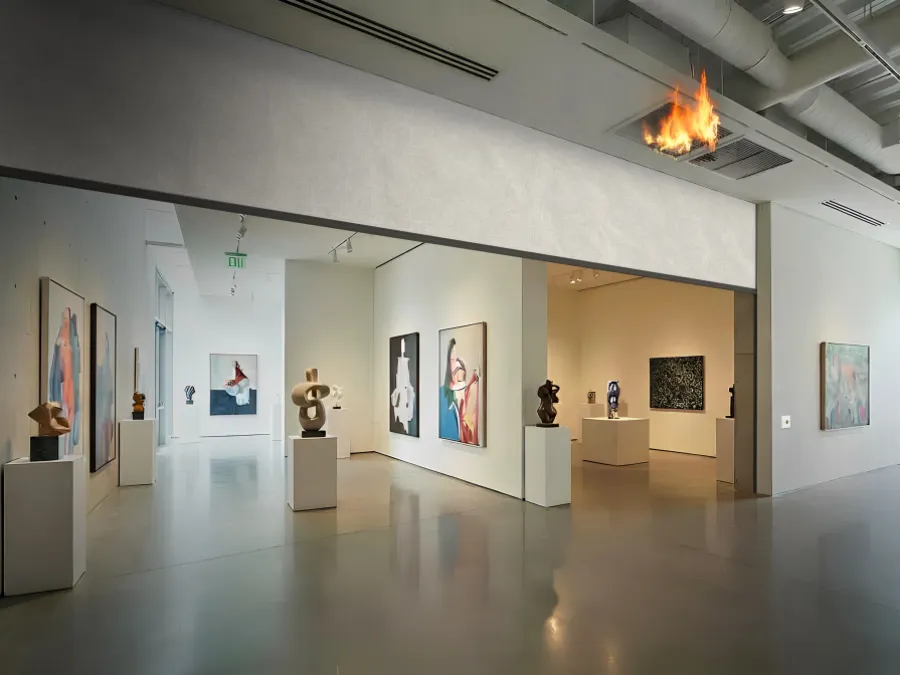 Automatic fire curtain for fire compartmentation in a museum