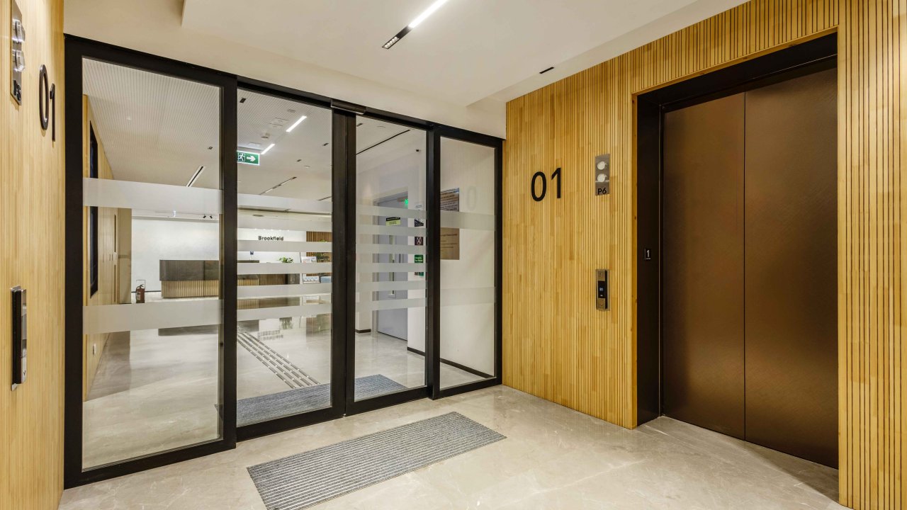 Office interior at Brookfield Properties featuring Vetrotech fire-resistant glass doors